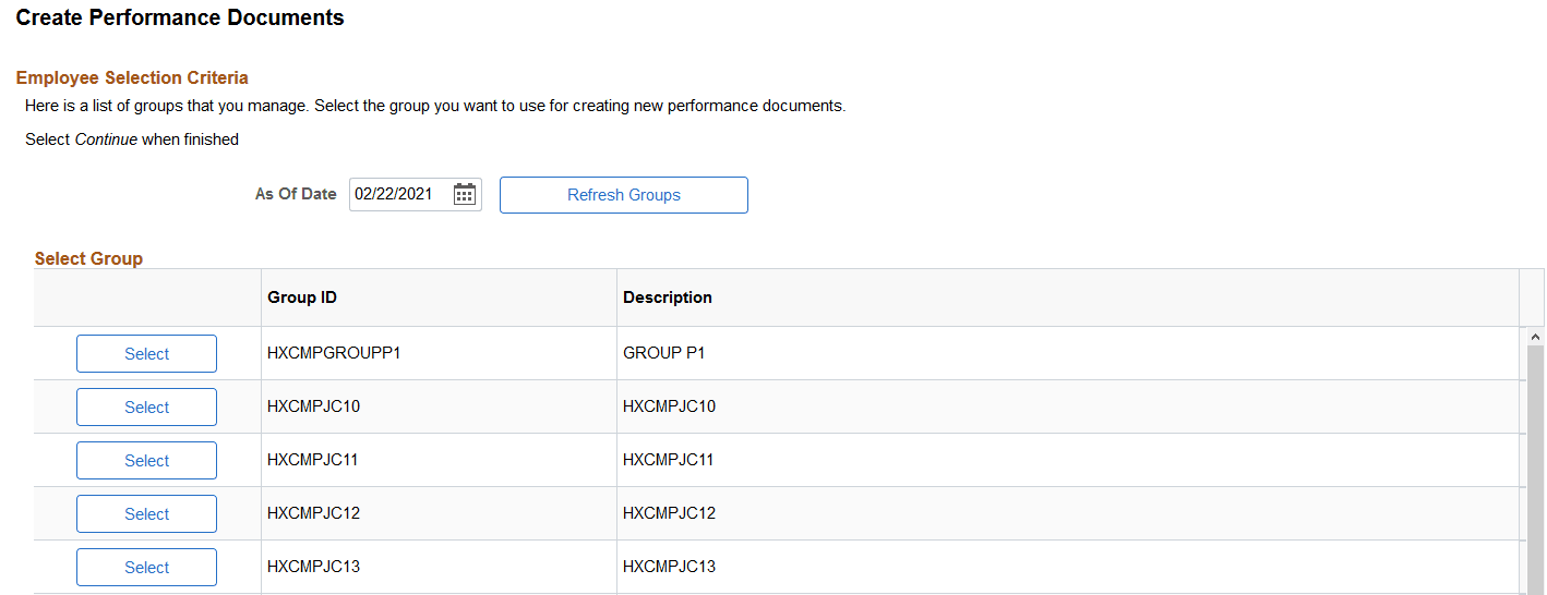 <>Create <Performance or Development> Documents - Select Group page