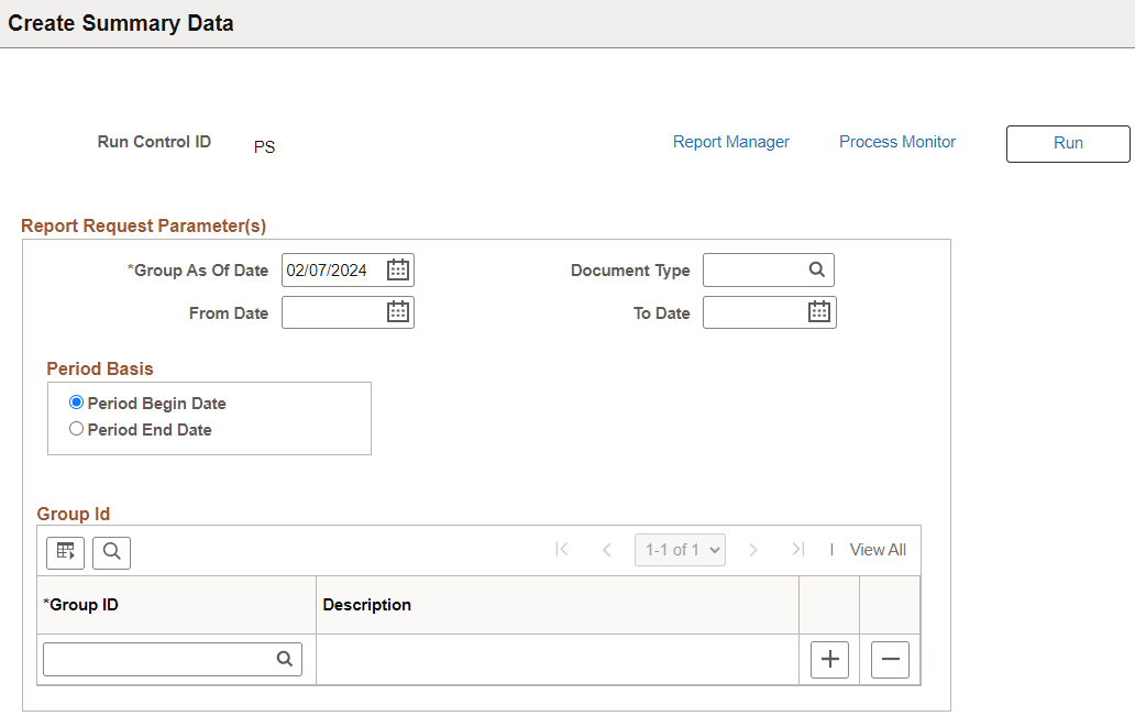 Create Summary Data page
