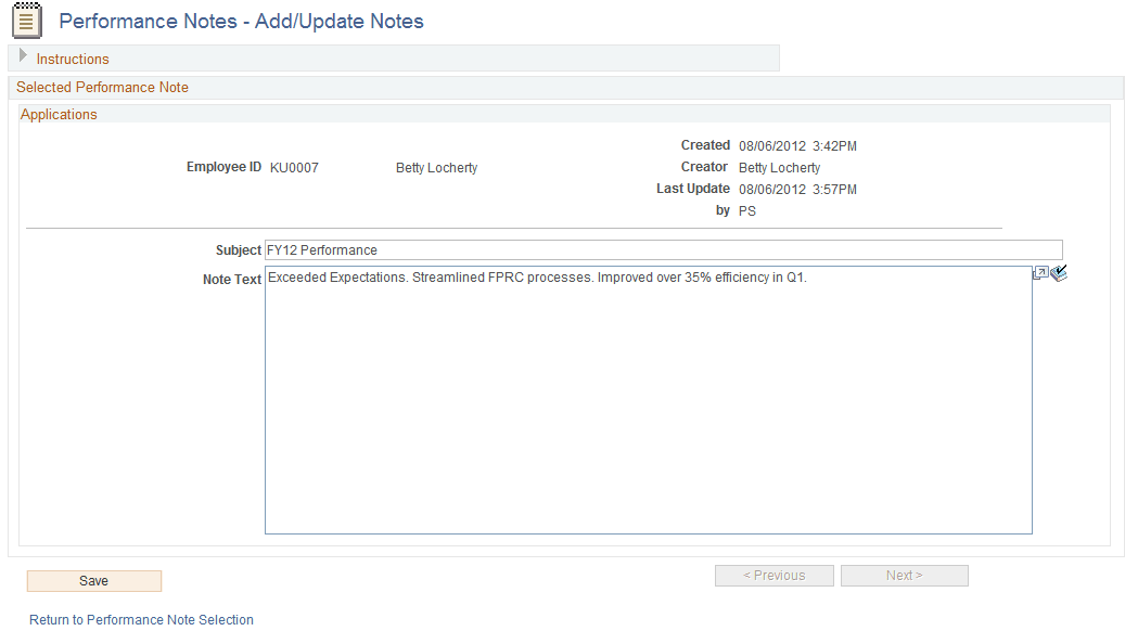 Performance Notes - Add/Update Notes page