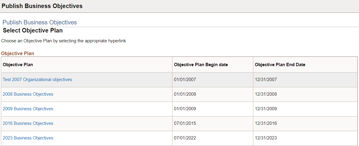 Publish Business Objectives - Select Objective Plan page