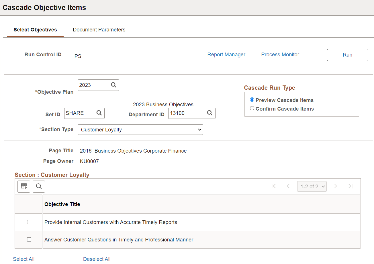 Select Objectives page