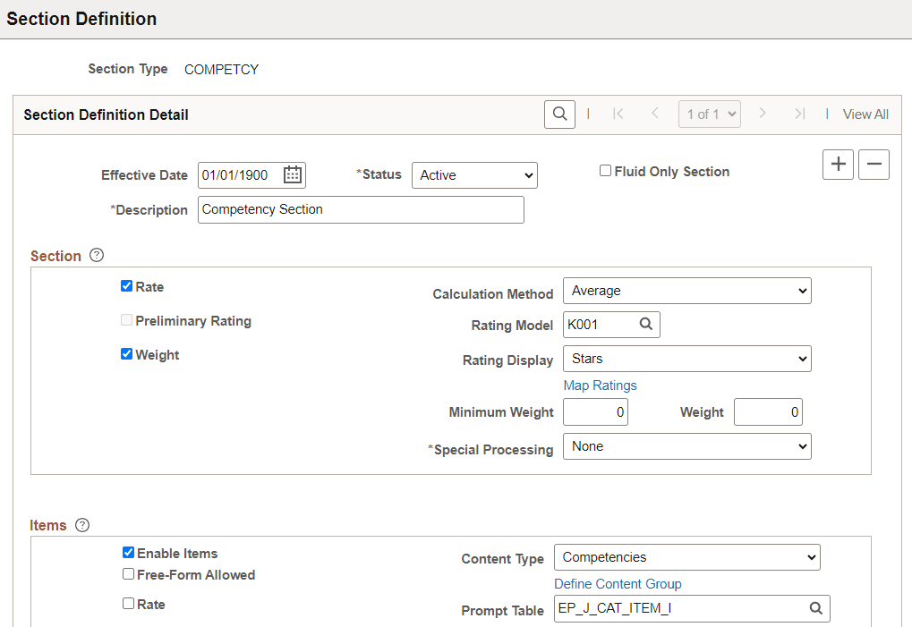 Section Definition page (1 of 2)