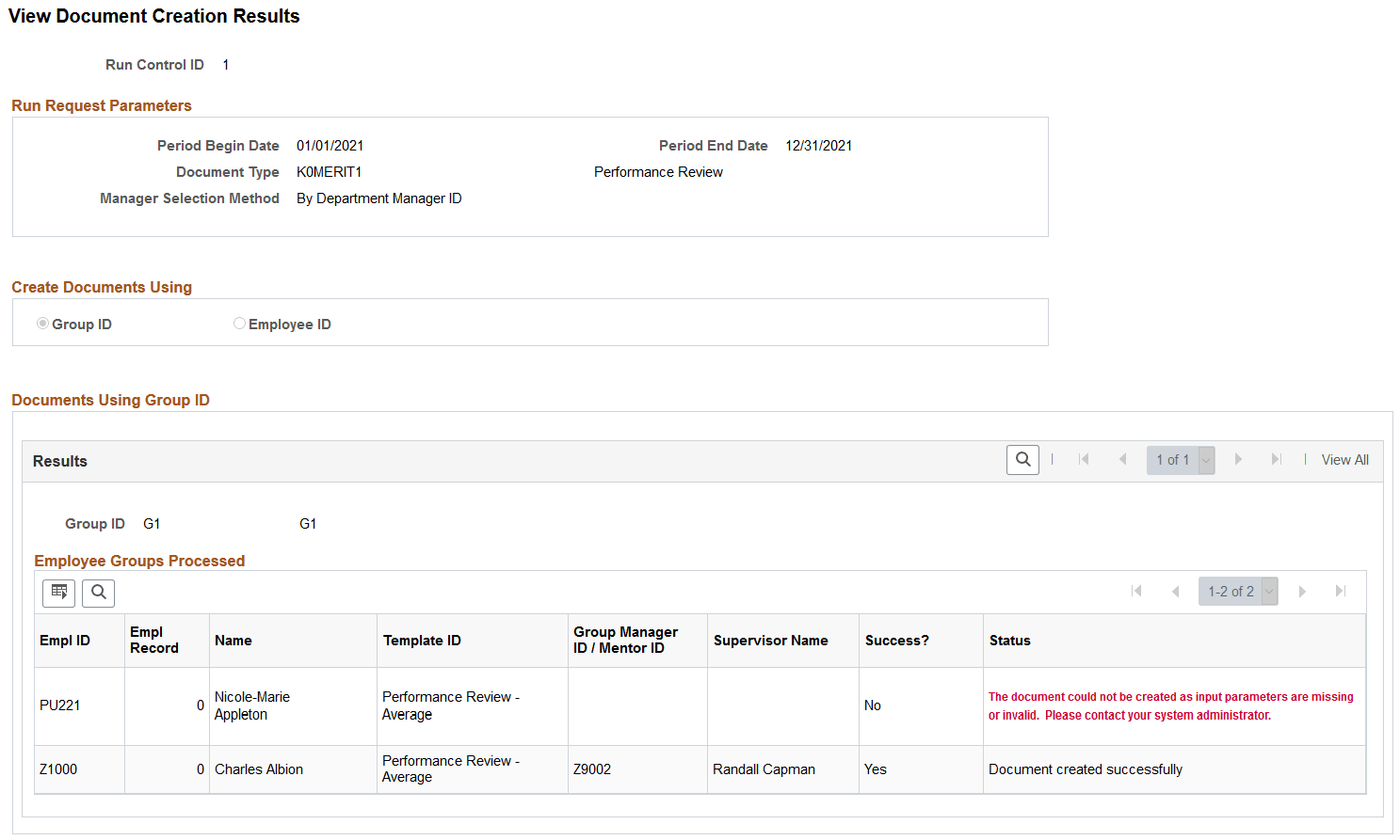 View Document Creation Results page