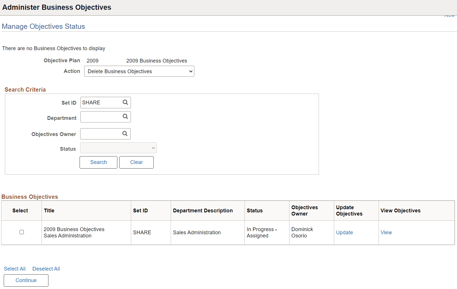 Manage Objectives Status page