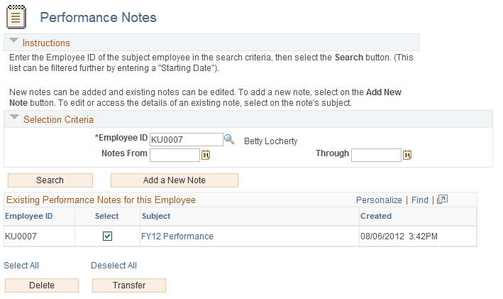 Performance Notes page