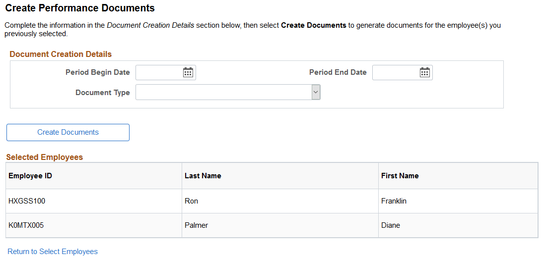 <>Create <Performance or Development> Documents - Document Creation Details page