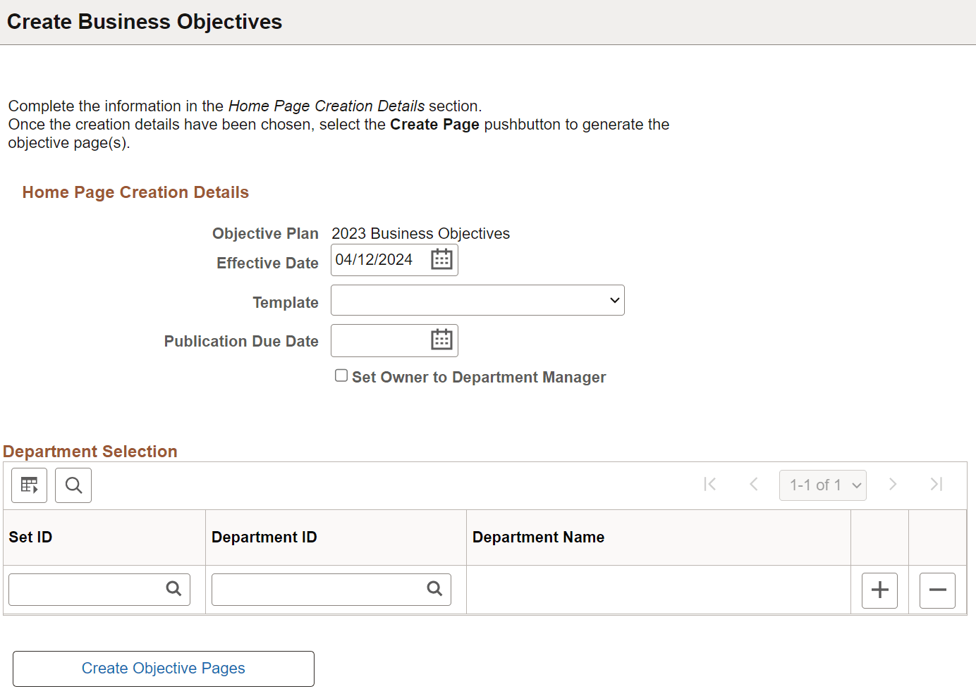 Create Business Objectives page