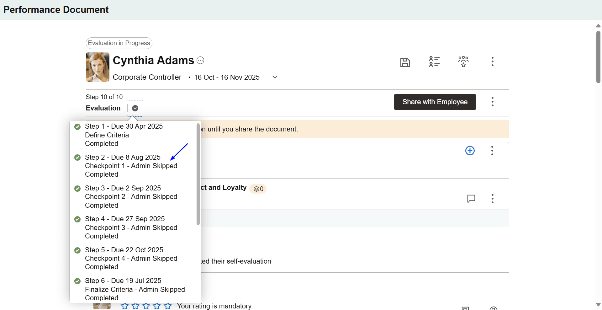Example of a document that has been advanced to a new status, with text Admin Skipped displayed next to bypassed statuses.