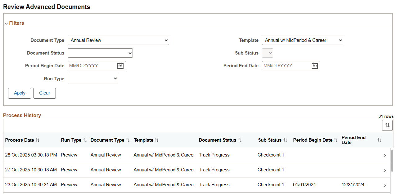 Review Advanced Documents - List page