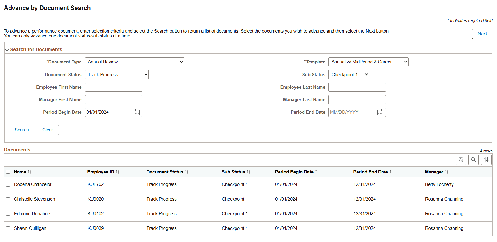 Advance by Document Search - Select Documents page