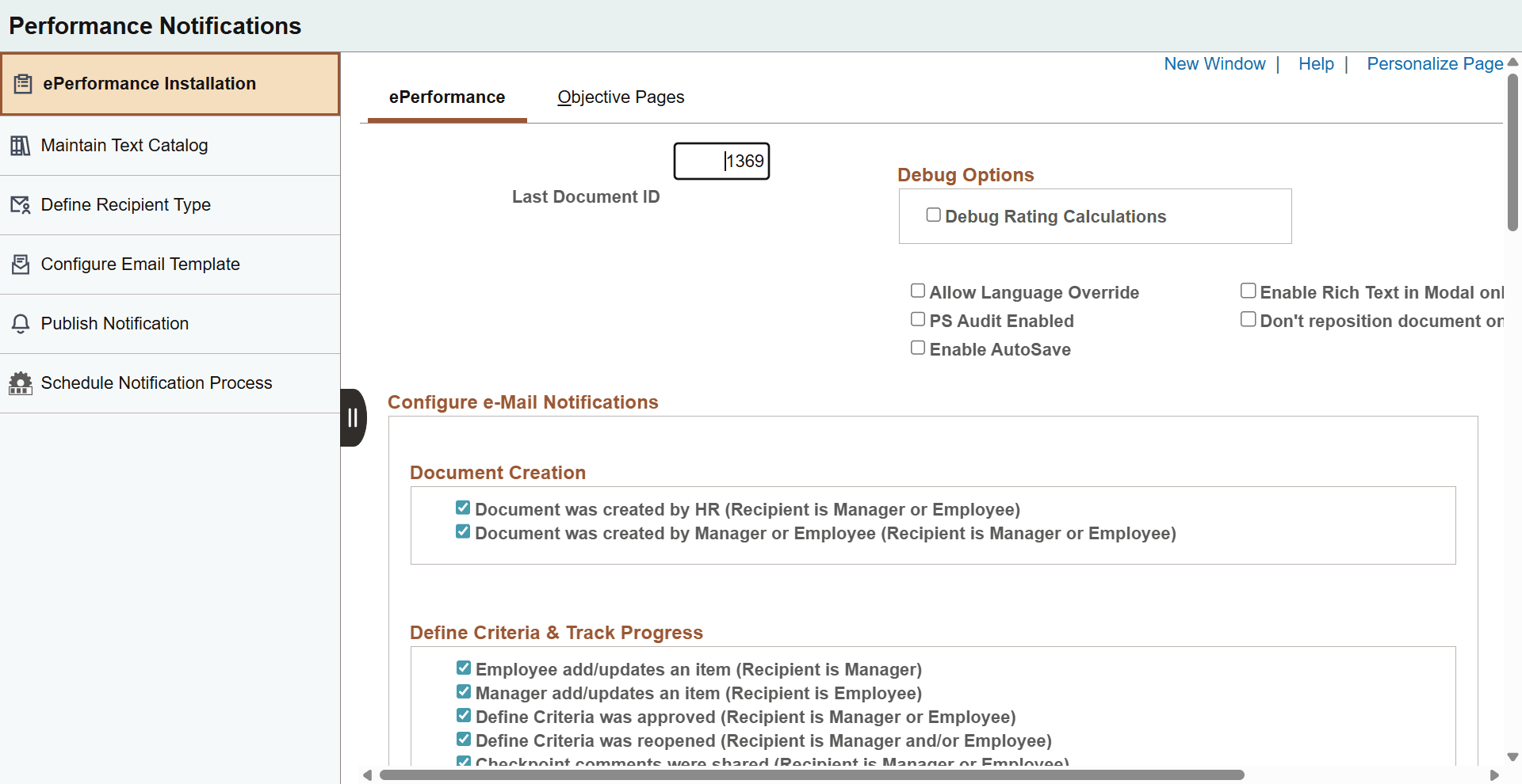 Performance Notifications application start page