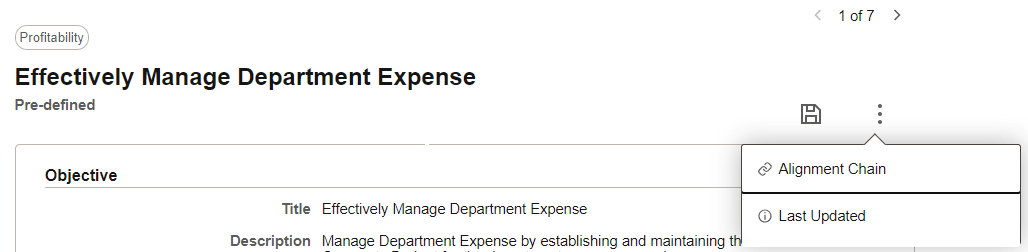 More Actions menu at the item level (business objective item header)