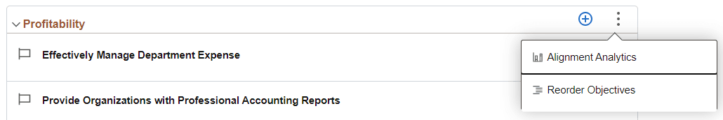 More Actions menu at the section level (business objective document)