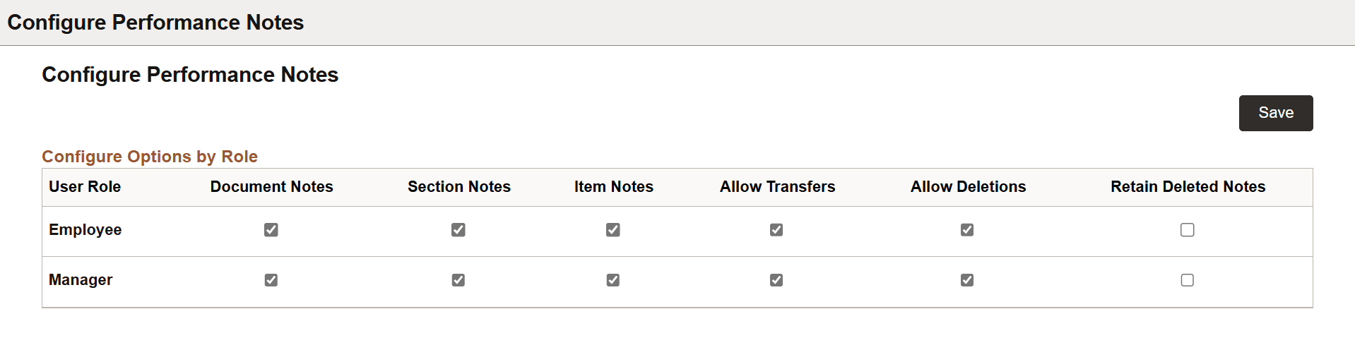 Configure Performance Notes page
