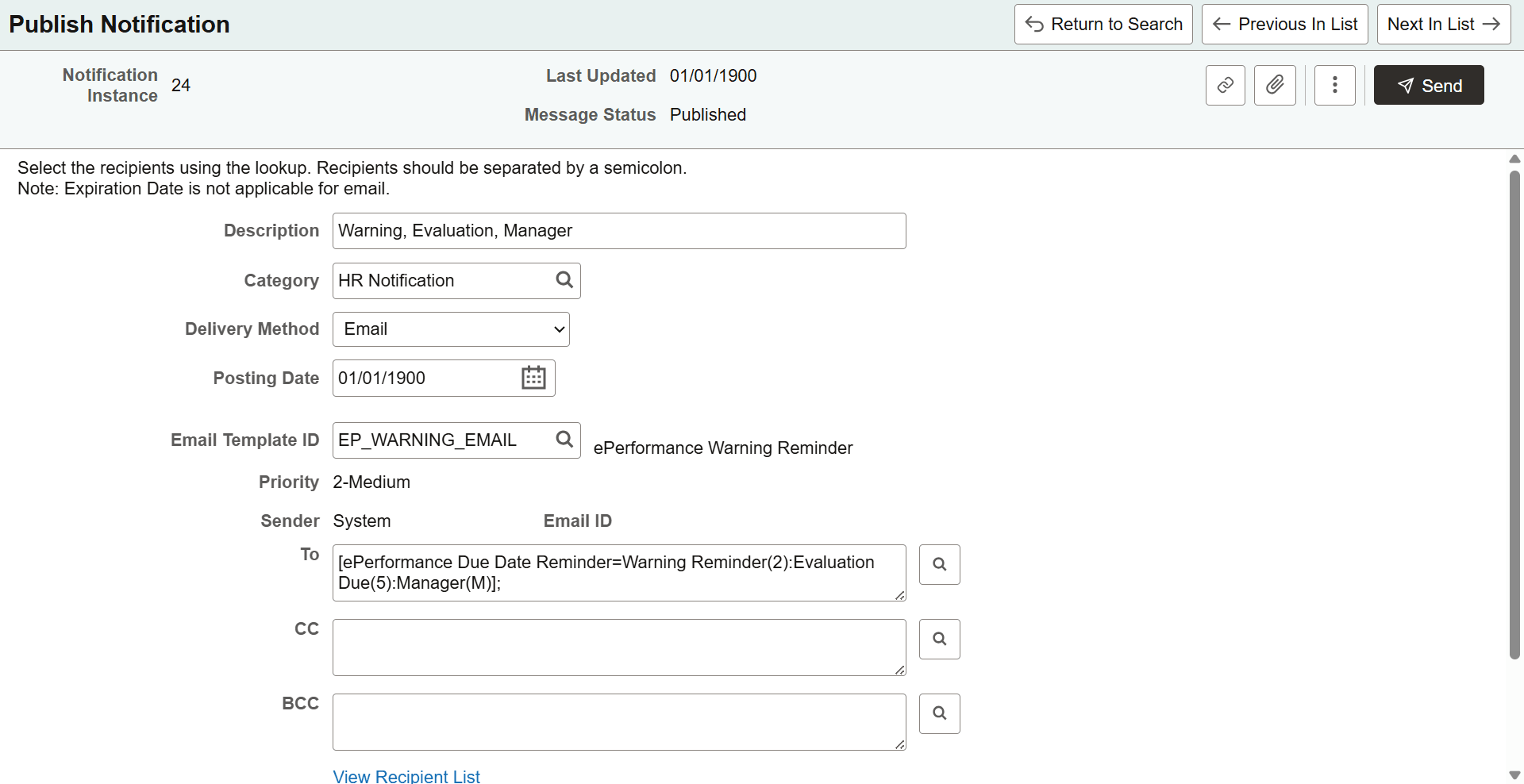 Publish Notification example of a Due Date Email Reminder