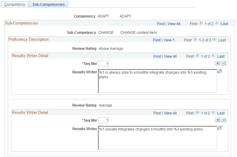 Define Results Writer - Sub-Competencies page