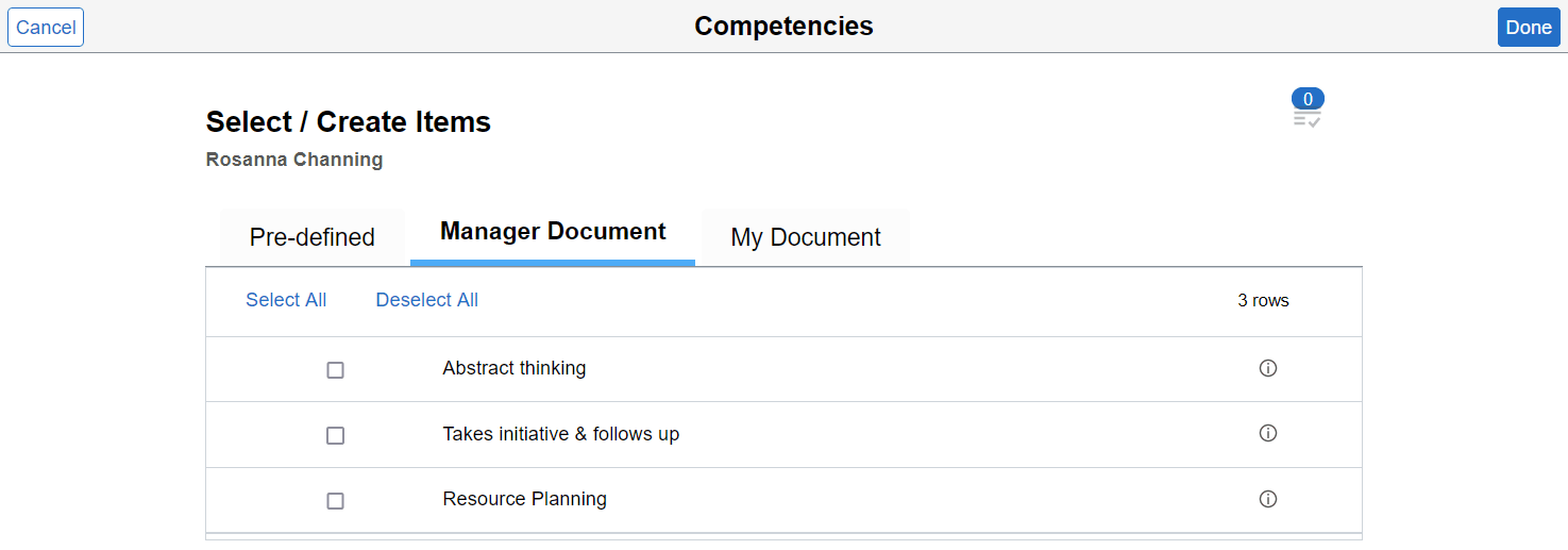 Select/Create Items - Manager Document page