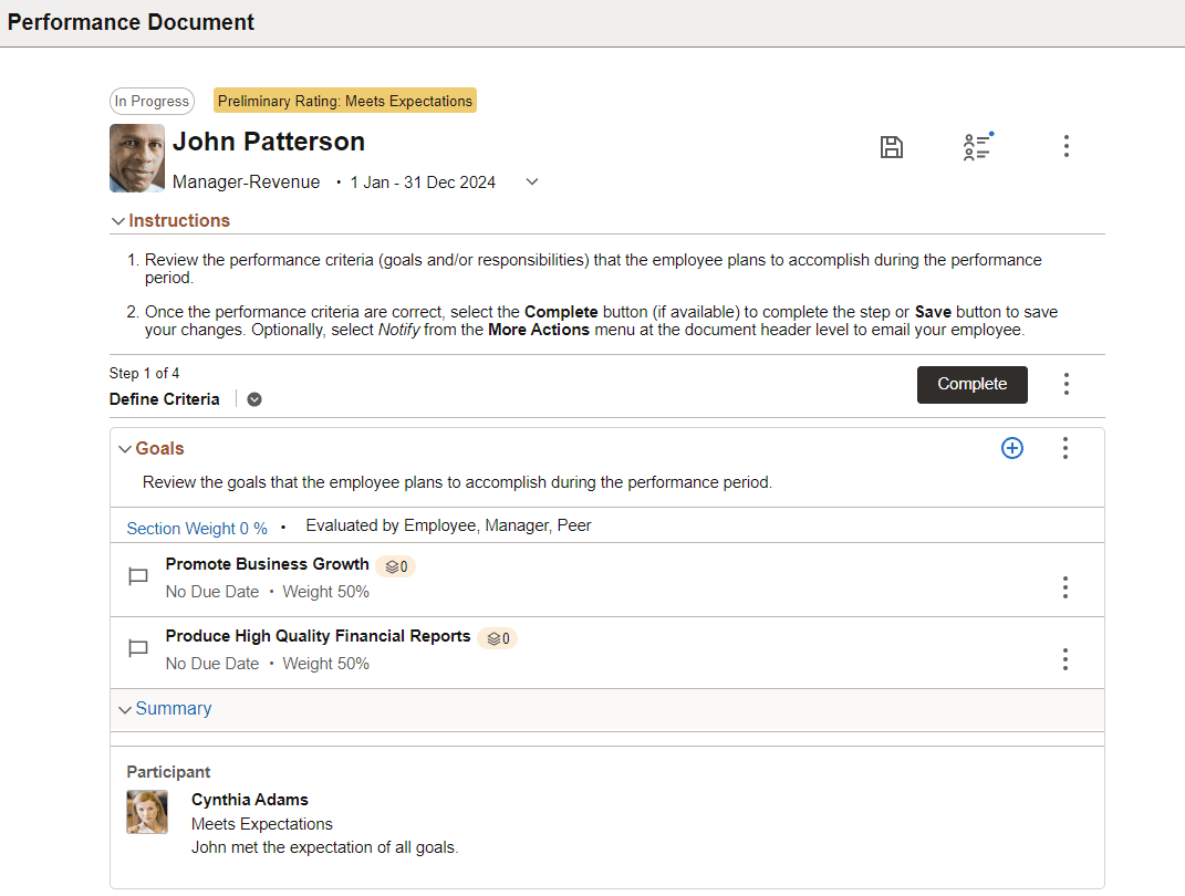 Performance Document page (Define Criteria step) (1 of 2)