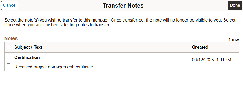 Transfer Notes page