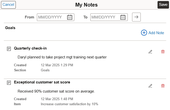 My Notes page (section level)
