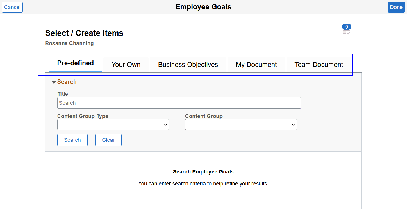 Select/Create Items page
