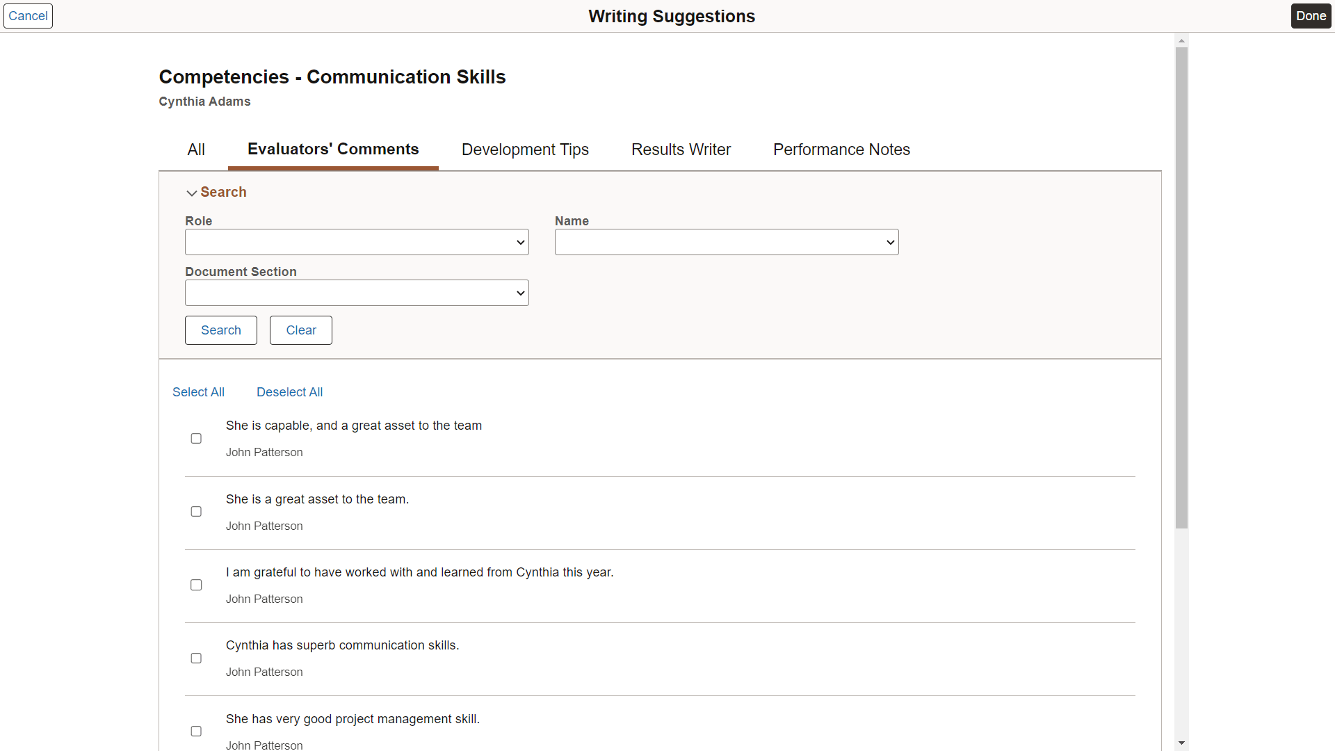 'Writing Suggestions - Evaluators' Comments page