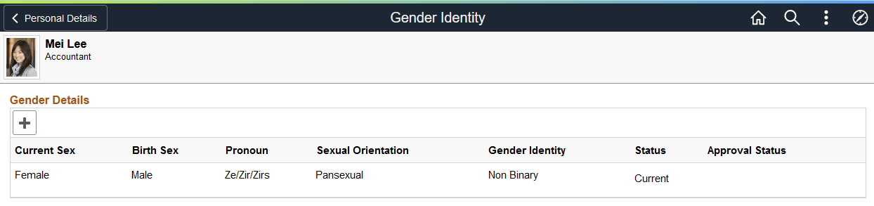 Gender Identity page when an employee changes regions