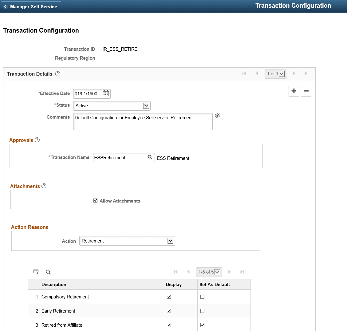 Transaction Configuration page for Retirement