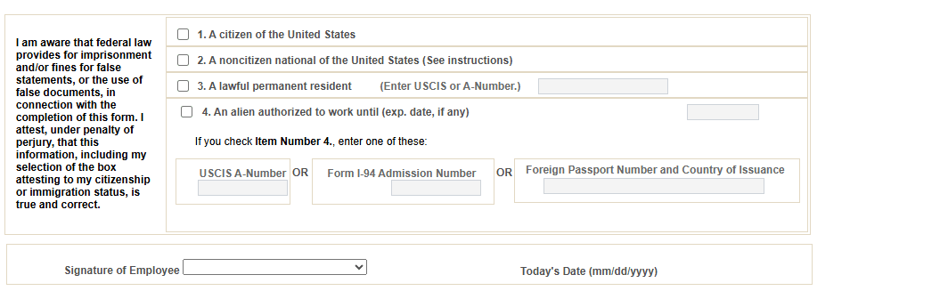 Employment Eligibility Verification page, Section 1 (2 of 3)