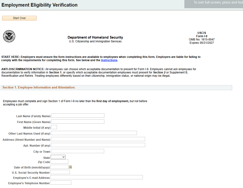 Employment Eligibility Verification page, Section 1 (1 of 3)