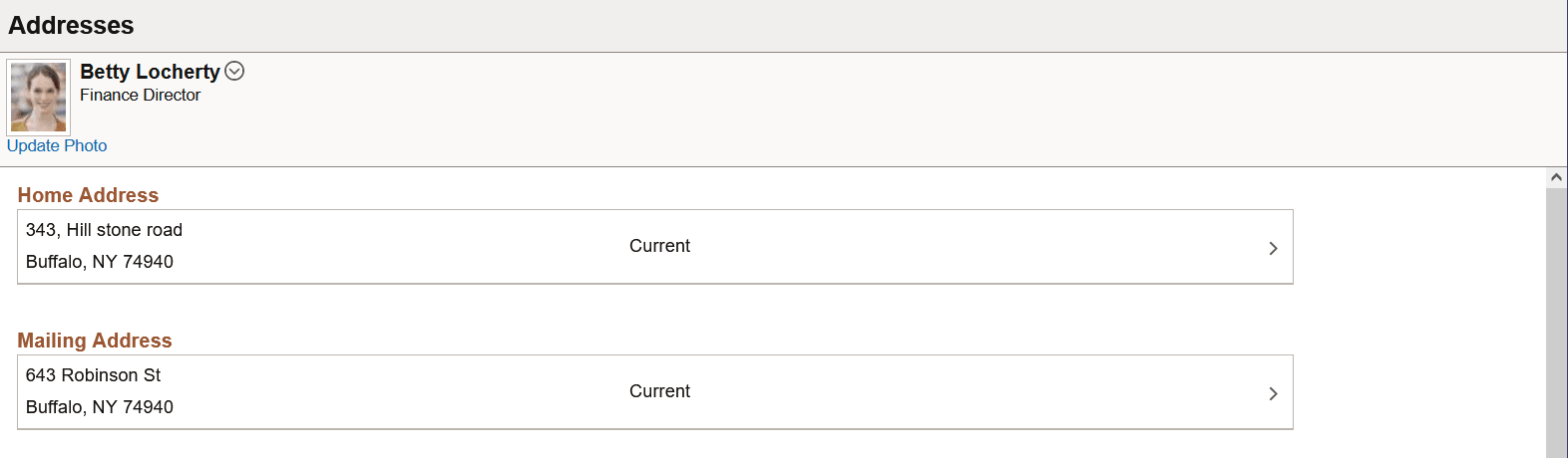 Example of the Addresses transaction page accessed from the Personal Details dashboard
