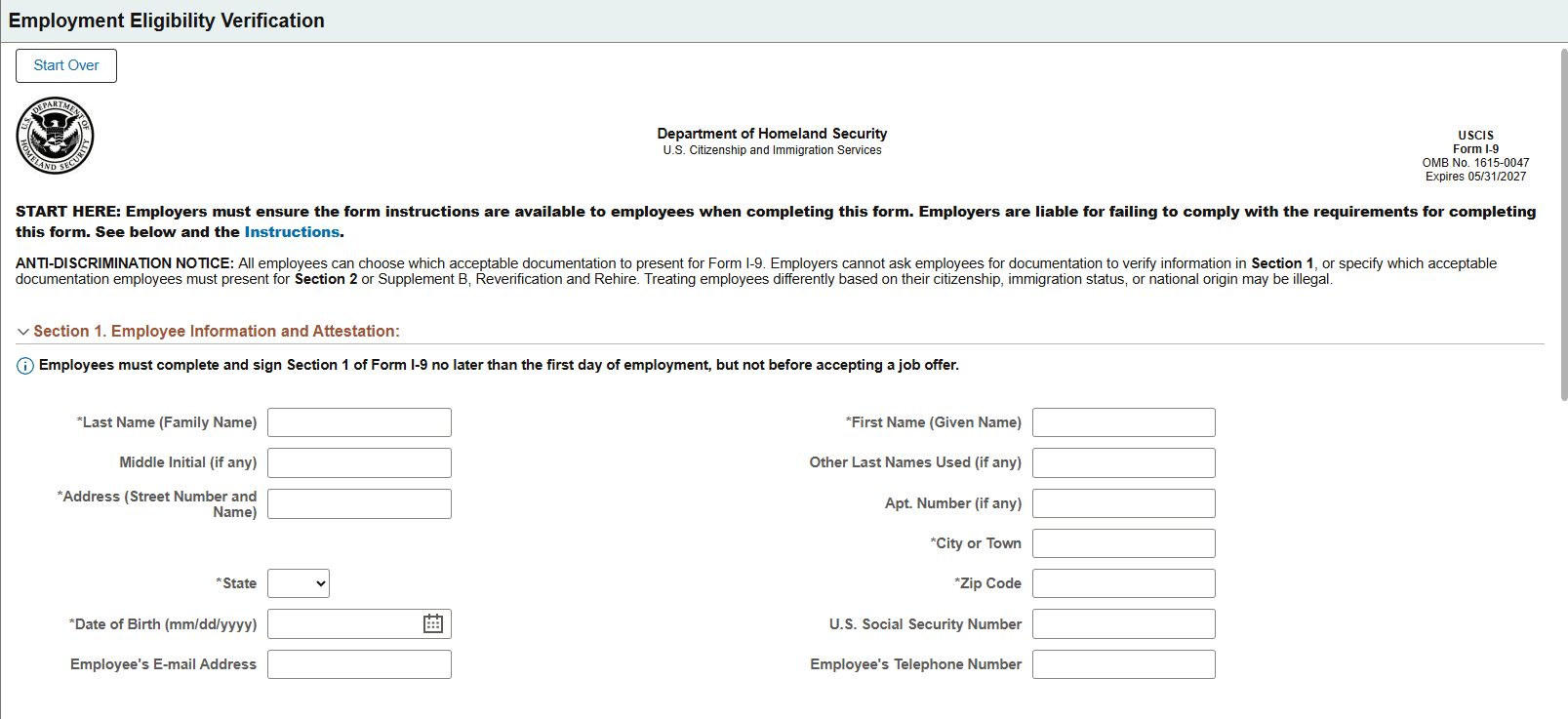 (Fluid) Employment Eligibility Verification page, Section 1 (1 of 3)