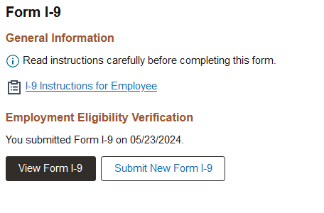 This example illustrates the Form I-9 page the day after you have already submitted the form