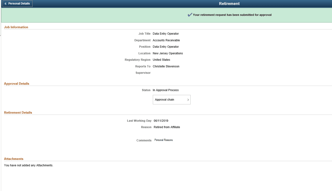Retirement Confirmation page