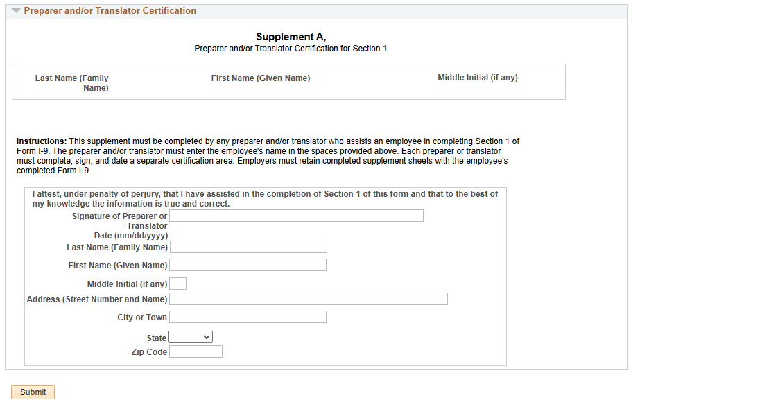Employment Eligibility Verification page: Preparer and/or Translator Certification for Section 1