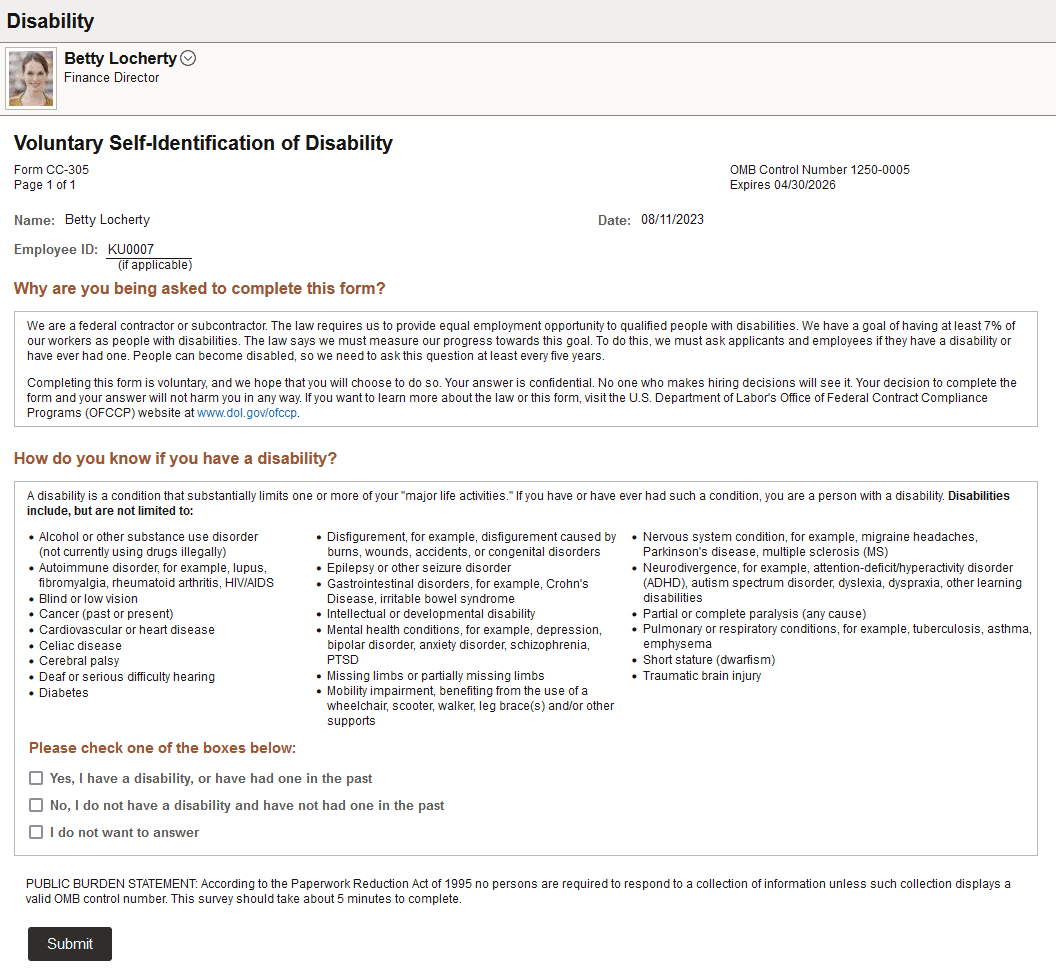Voluntary Self-Identification of Disability page