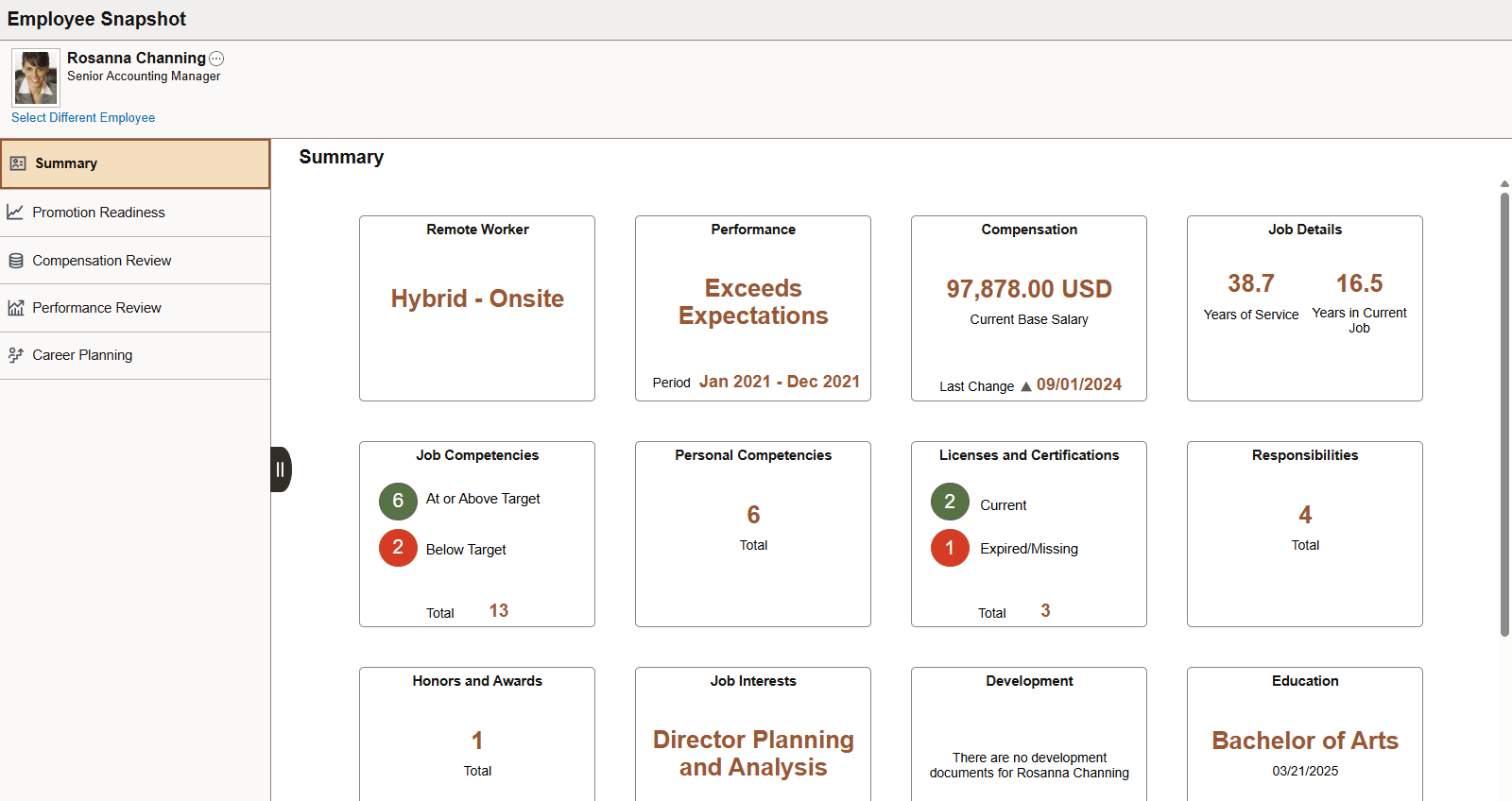 Employee Snapshot layout and content