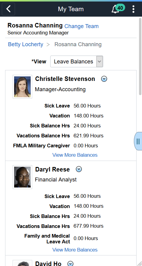 (Smartphone) My Team - Leave Balances page