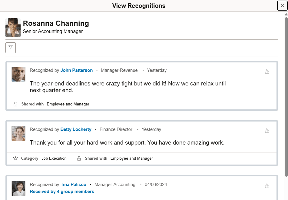 View Recognitions page when accessed from the View More link