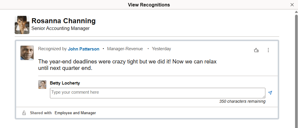 View Recognitions page for a specific recognition