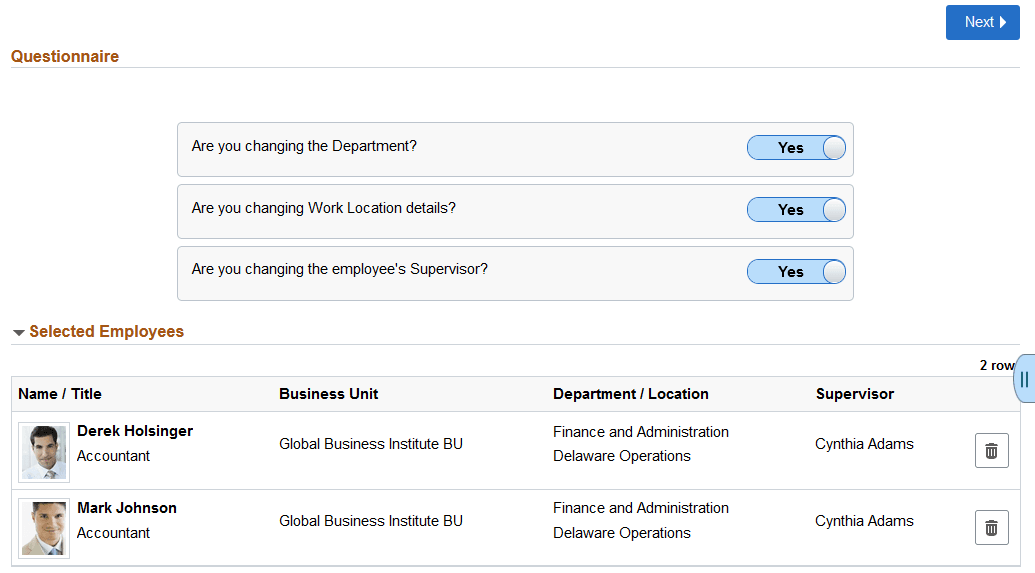 Questionnaire page - Update Job Details for Group
