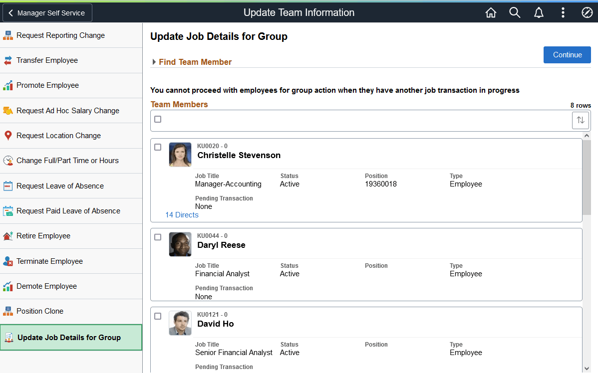 Update Team Information page