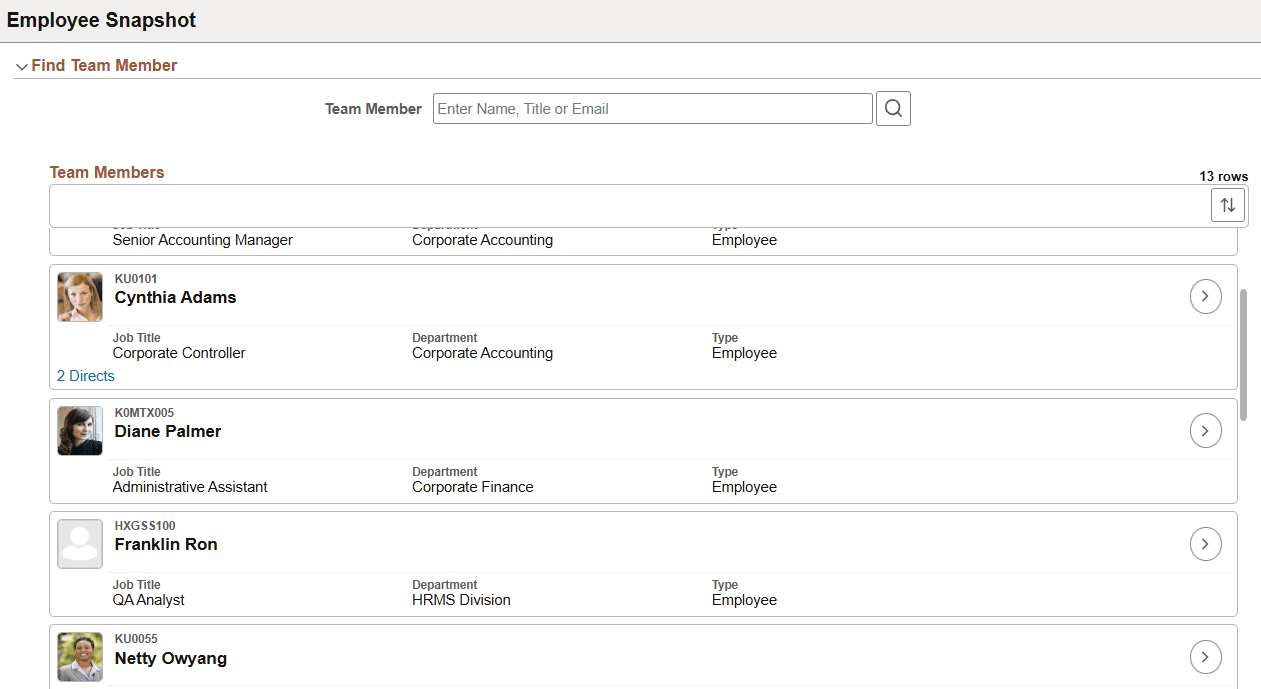 Employee Snapshot - Find Team Member page for a manager