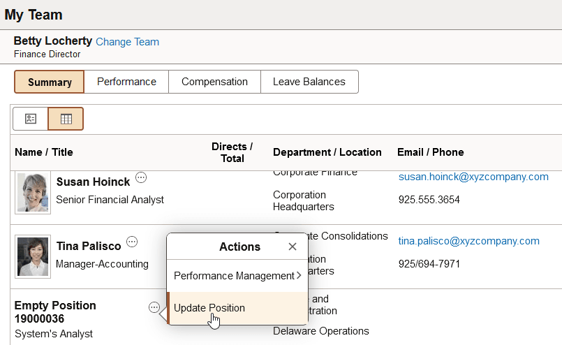 My Team page showing the Update Position related action item when a manager is allowed to update a position