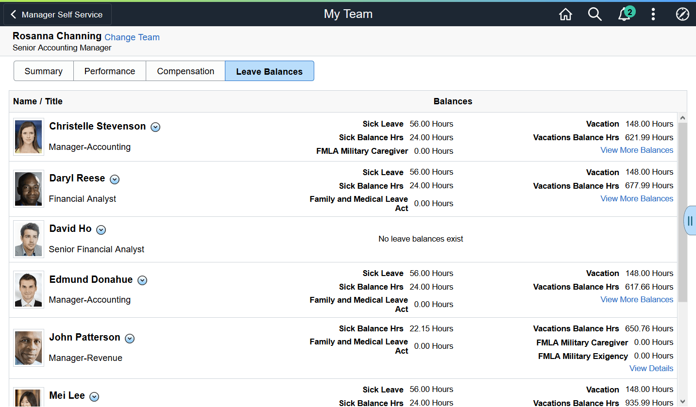 (Tablet) My Team - Leave Balances page
