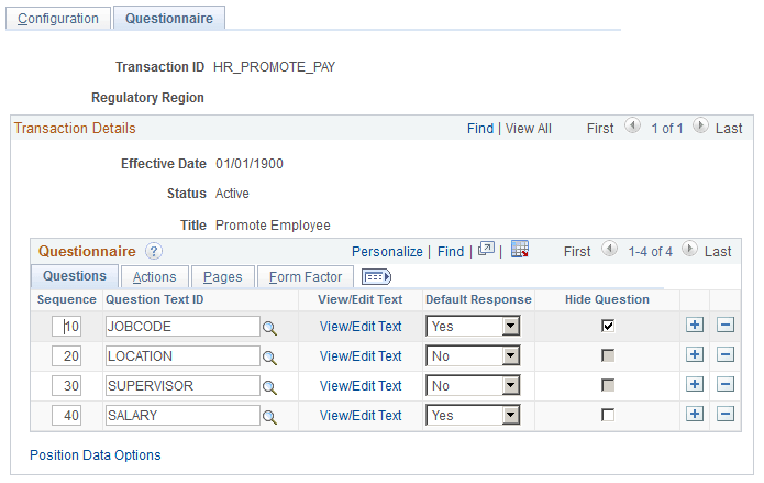 Transaction Configuration - Questionnaire page