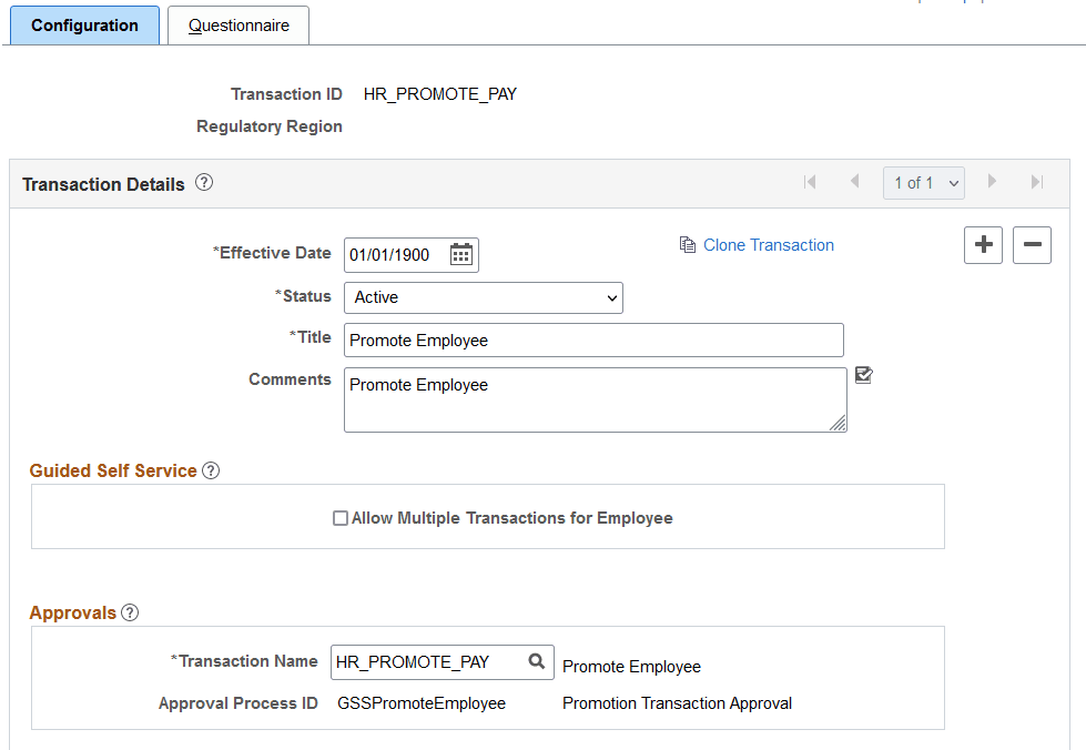 Transaction Configuration - Configuration page (1 of 2)