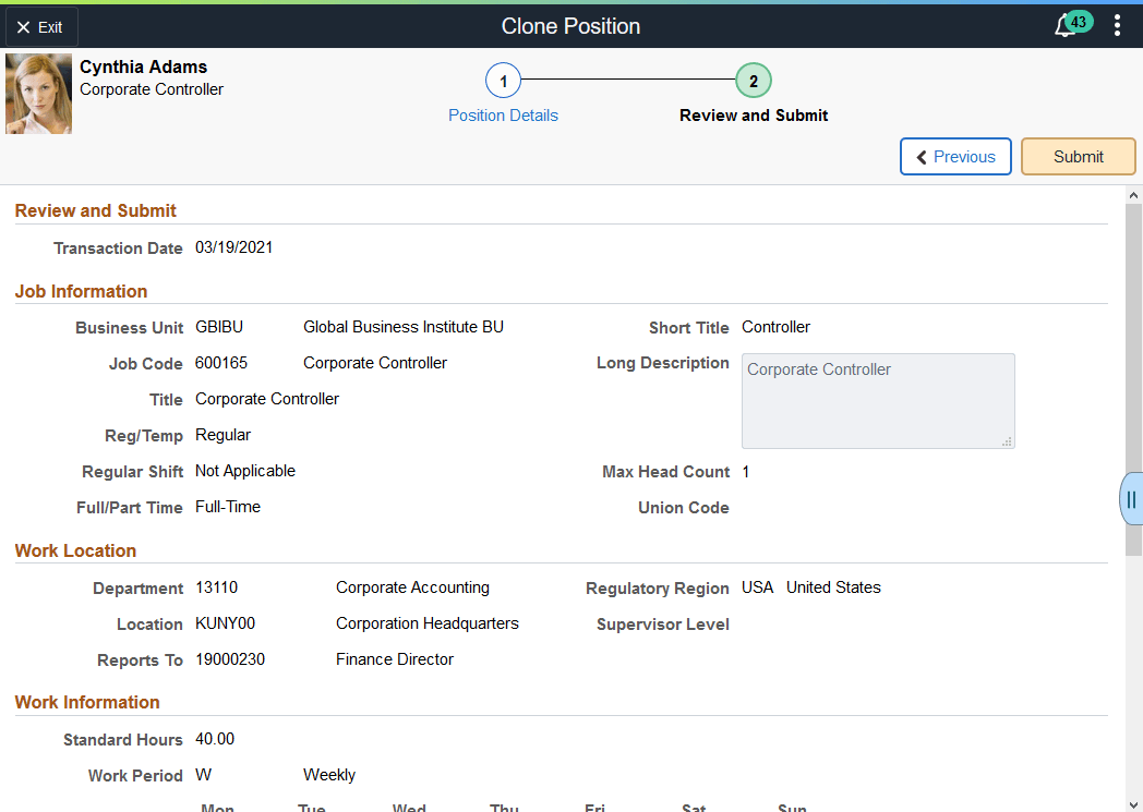 Review and Submit page for the Clone Position transaction