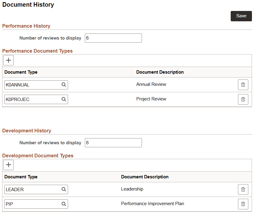 Configure Employee Snapshot - Document History page