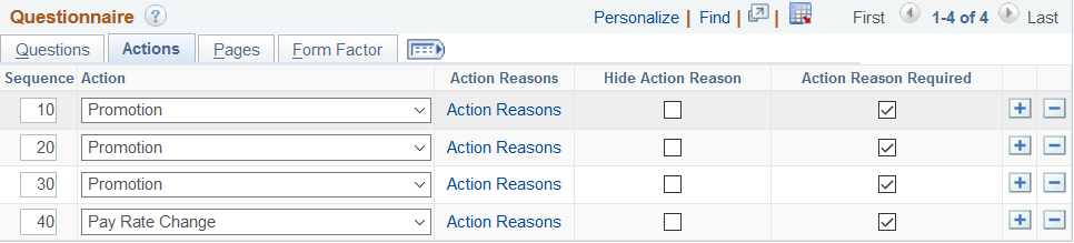 Transaction Configuration - Questionnaire page: Actions tab